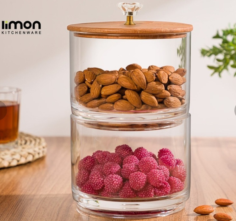 ظرف شکلات خوری دوطبقه اکرولیک درب چوبی لیمون